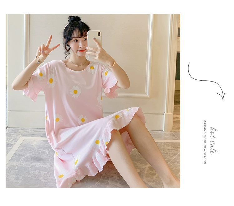 Đồ ngủ của phụ nữ mùa hè cotton sinh viên dễ thương ngắn tay váy ngủ mỏng phần lỏng lẻo ngọt ngào tươi mát cô gái dịch vụ nhà mùa hè - Đêm đầm