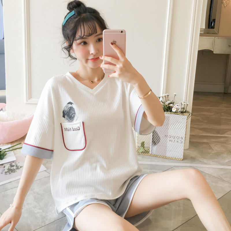 Pajamas women summer cotton thin short sleeves Korean version fresh student two-piece set sweet and cute summer homewear