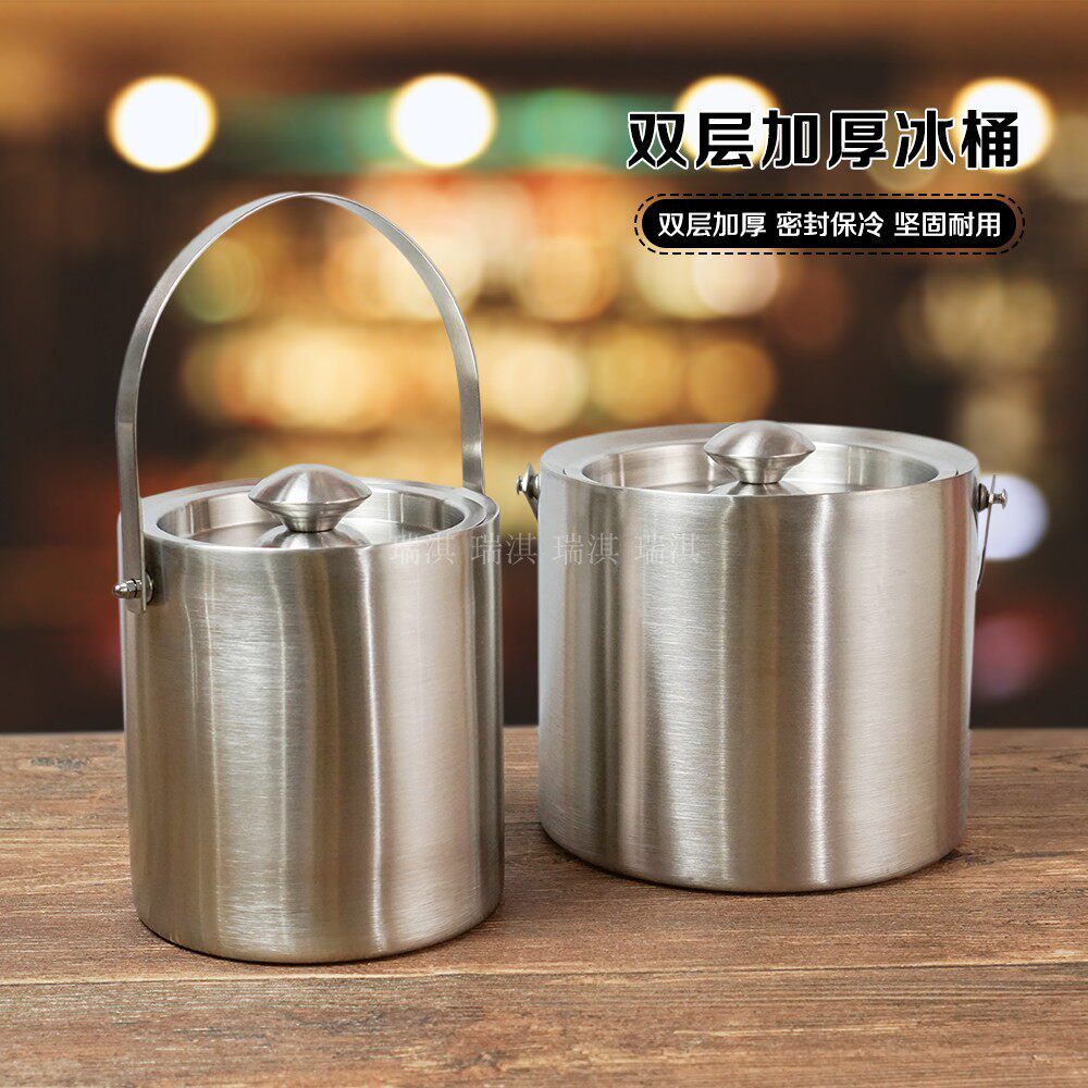 Handheld Ice Bucket Stainless Steel Thickened Ice Grain Barrel Double Insulated Ice Block Bucket With Lid Red Wine Barrel Bar Ice Bucket