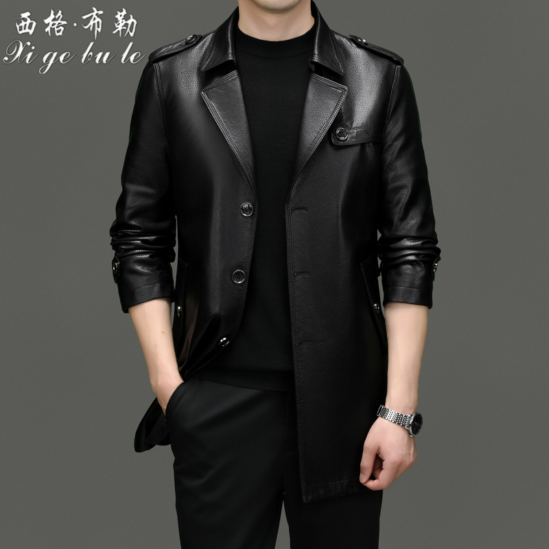 Spring and Autumn Haining Genuine Leather Jacket for Men, Mid-Length, Thin, First-Layer Cowhide, Suit-Style Leather Trench Coat, Fleece-Lined and Thickened