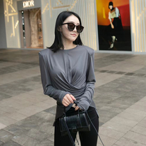 Grey bottoming shirt women's 2022 spring thin design pleated slim shirt irregular split T-shirt