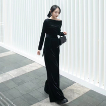 Black velvet jumpsuit women's autumn 2021 new Korean version of loose slim casual high waist mop wide leg pants