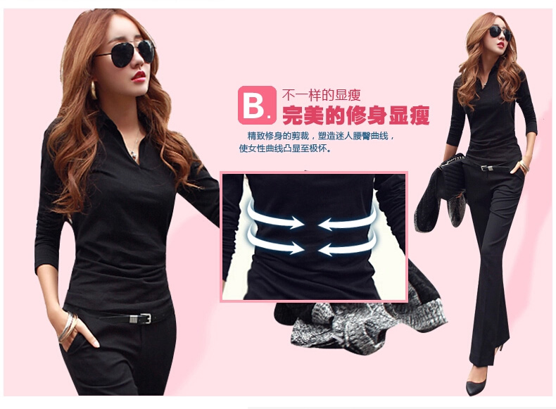 Đầm sơ mi tay dài tay thun nữ 2019 xuân hè Thuôn mỏng mỏng chất liệu cotton cổ chữ V ve áo sơ mi nhỏ - Cộng với kích thước quần áo quần ống rộng nữ