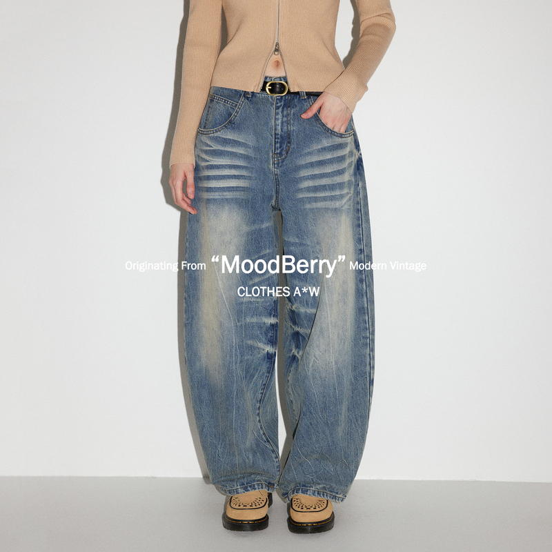 Moodberry American Retro Washed Scimitar Low-Waist Jeans for Women in Autumn and Winter, Lazy Loose Straight Wide-Leg Pants