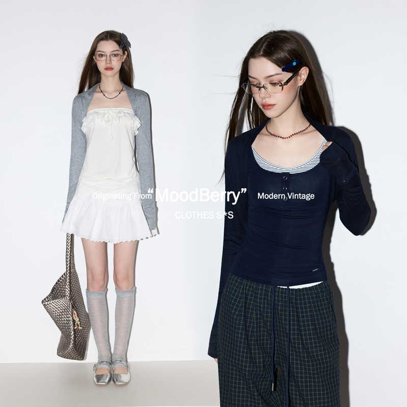 Moodberry American Retro Solid Color Shawl Jacket for Women, Summer Layered Cardigan, Slim Fit Top