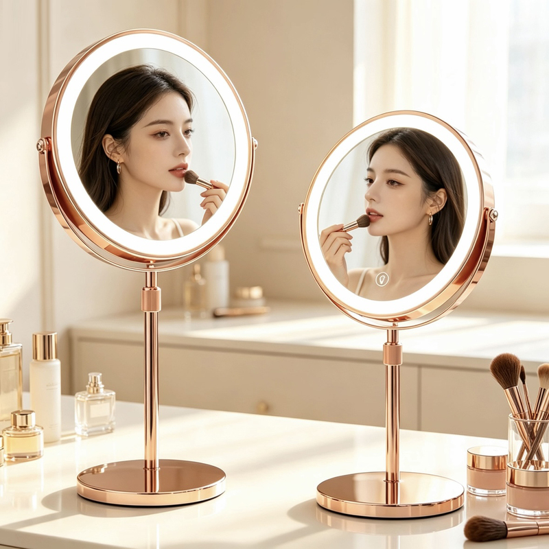 Double-Sided Mirror with 3X, 5X, and 10X Magnification, Desktop Led Lighted Makeup Mirror with Adjustable Height