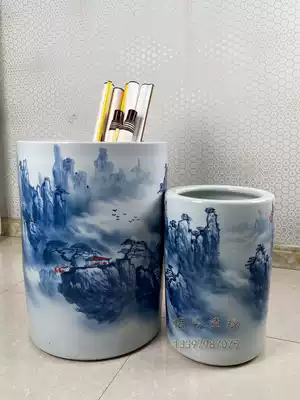 Painting and calligraphy storage tank Jingdezhen blue and white ceramic scroll calligraphy and painting cylinder study living room large hand-painted vase fish tank