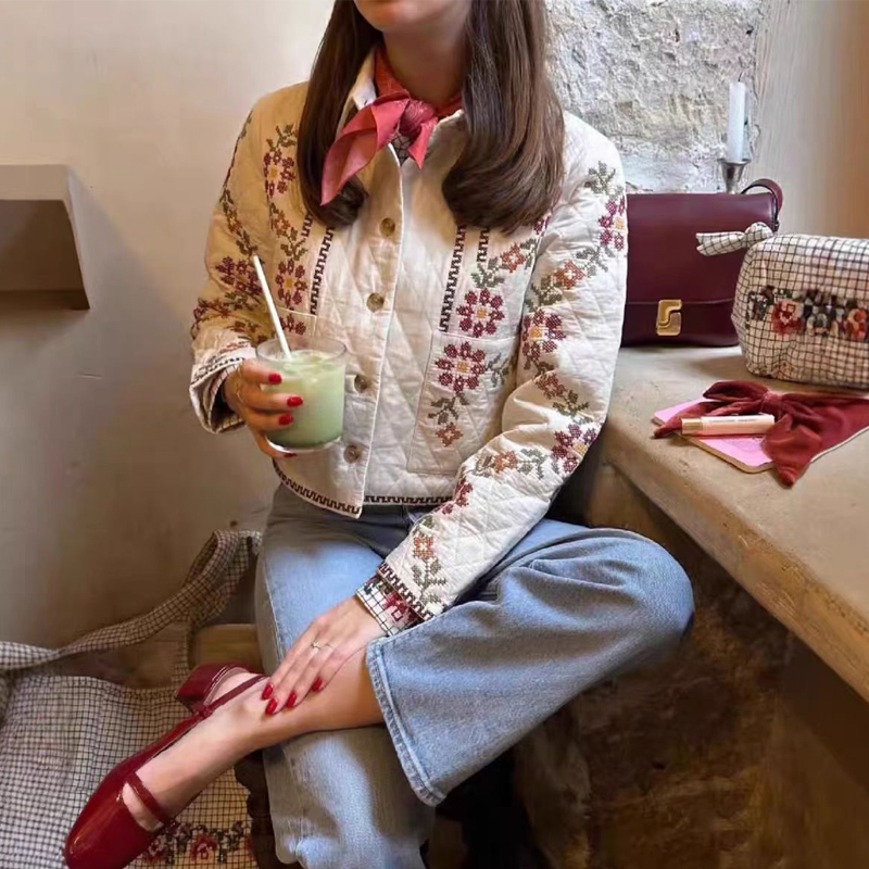 Short French-Style Niche Retro Ethnic Floral Cross-Stitch Embroidered Lapel Design Quilted Diamond-Pattern Jacket