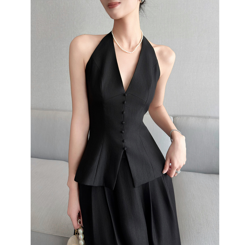 Susus Black Sleeveless V Neck Shirt for Women 2026 Summer New Style Waist Slimming Vest Backless Vacation Halter Top Susus Black Sleeveless V Neck Shirt for Women 2026 Summer New Style Waist Slimming Vest Backless Vacation Halter Top