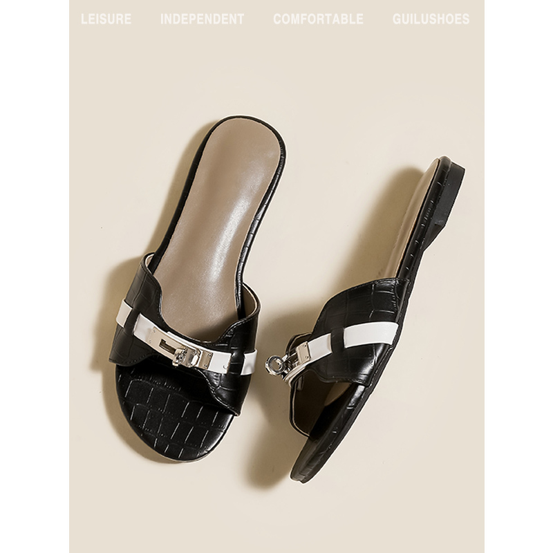 Genuine Leather Version ~ Small Gold Buckle Crocodile Pattern French-Style Slip-On Sandals for Women, Summer Outdoor Wear, Soft-Soled Beach Half-Slippers