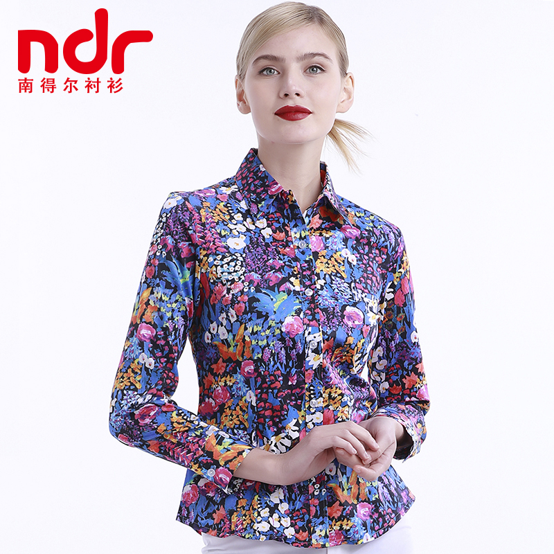 Southern Spring and Summer Printed Top Three-Dimensional Pleated Back Slim Long Sleeve Square Neck Cotton Shirt Women's Business Wear