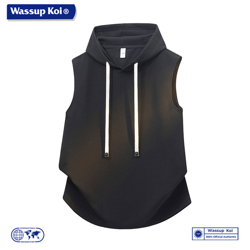 Wassup Koi Co-Branded American-Style Hooded Drawstring Sleeveless Vest Men's Summer Simple Style Loose Vest T-Shirt