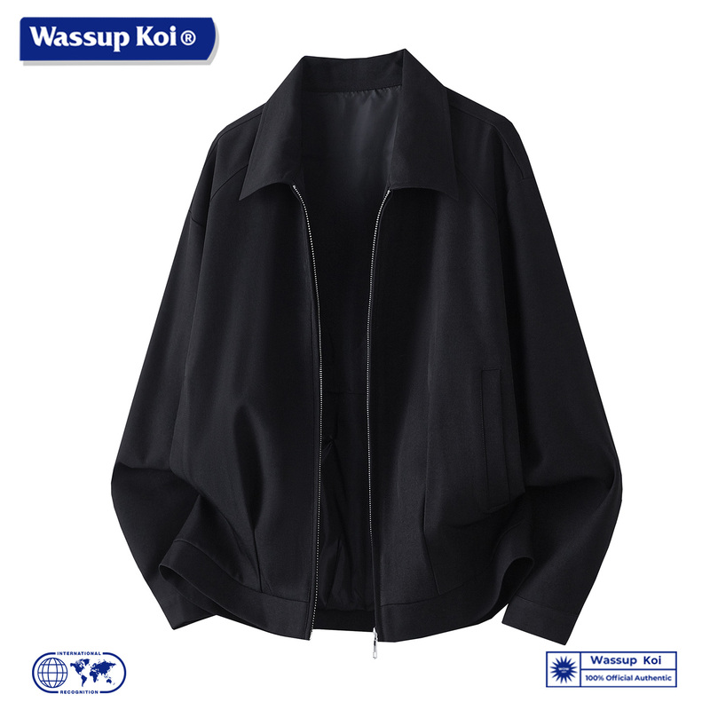 Wassup Koi Co-Branded American-Style Lapel Workwear Jacket for Men, Loose and Versatile Black Casual Outerwear Top