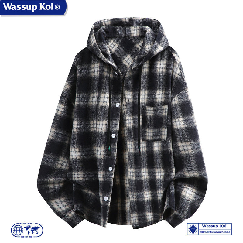 Wassup Koi Co-Branded American-Style Brushed Plaid Hooded Shirt, New Spring and Autumn Style, Lazy Style, Retro Casual Shirt Wassup Koi Co-Branded American-Style Brushed Plaid Hooded Shirt, New Spring and Autumn Style, Lazy Style, Retro Casual Shirt