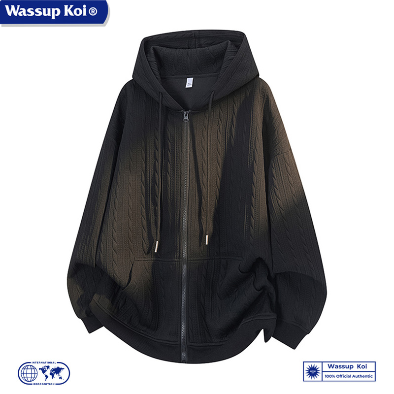 Wassup Koi Co-Branded American Jacquard Hooded Cardigan Sweatshirt for Men, Spring & Fall Trendy Brand Loose Hoodie Zipper Jacket
