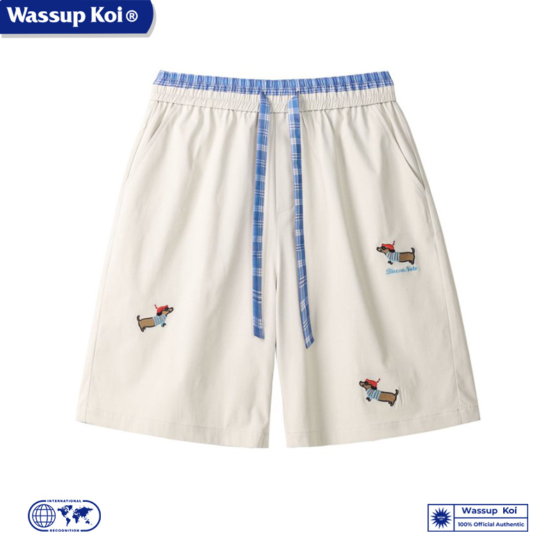 Wassup Koi Dachshund Embroidered American Style Sports Shorts for Men, Summer Loose Fit Casual Five-Point Beach Shorts