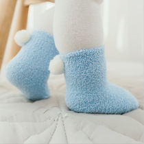 0-6-12 months baby socks coral velvet autumn and winter thickened warm newborn baby solid color cute ball short socks