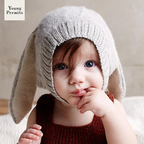 Female baby hat ins winter baby boy ear protection warm plus velvet cute rabbit ear knitted wool sleeve cap