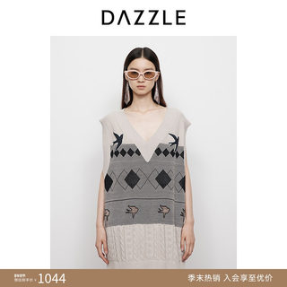 DAZZLE 地素毛衫无袖25春白色燕子老花无袖上衣毛衣女