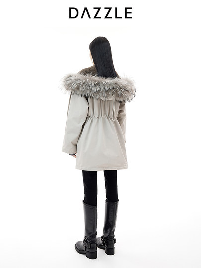 DAZZLE 2025 winter new snow leopard series fur collar hooded mid-length down jacket for women
