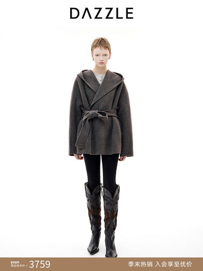 Dazzle 2025 Winter New All-Wool Hooded Mid-Length Lazy Woolen Coat