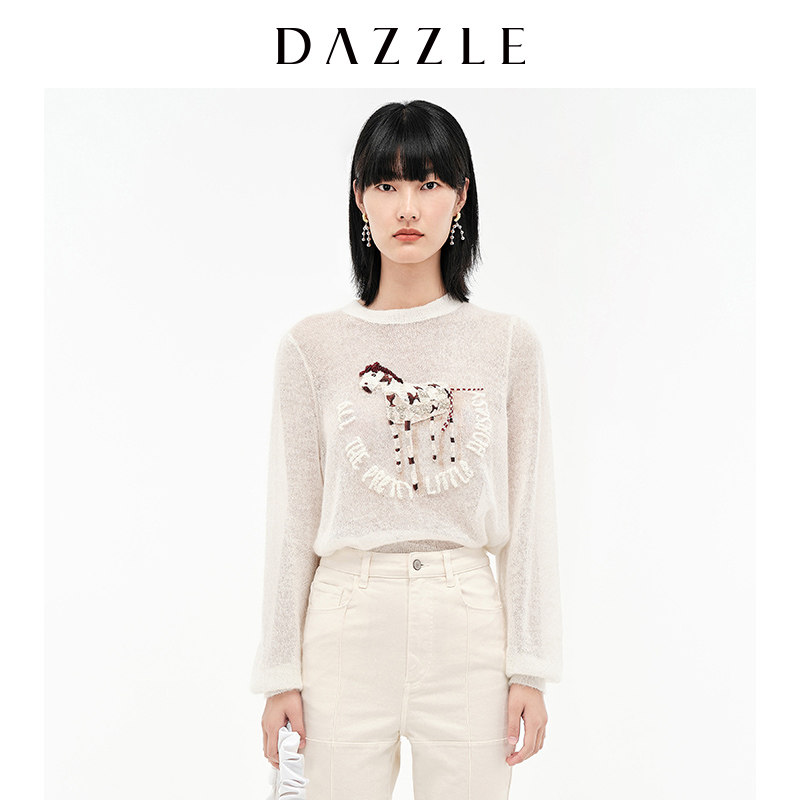 DAZZLE ground vegan summer new loose heavy work string of beads embroidered white casual knit long sleeves inside lap