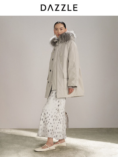 DAZZLE 2025 winter new snow leopard series fur collar hooded mid-length down jacket for women