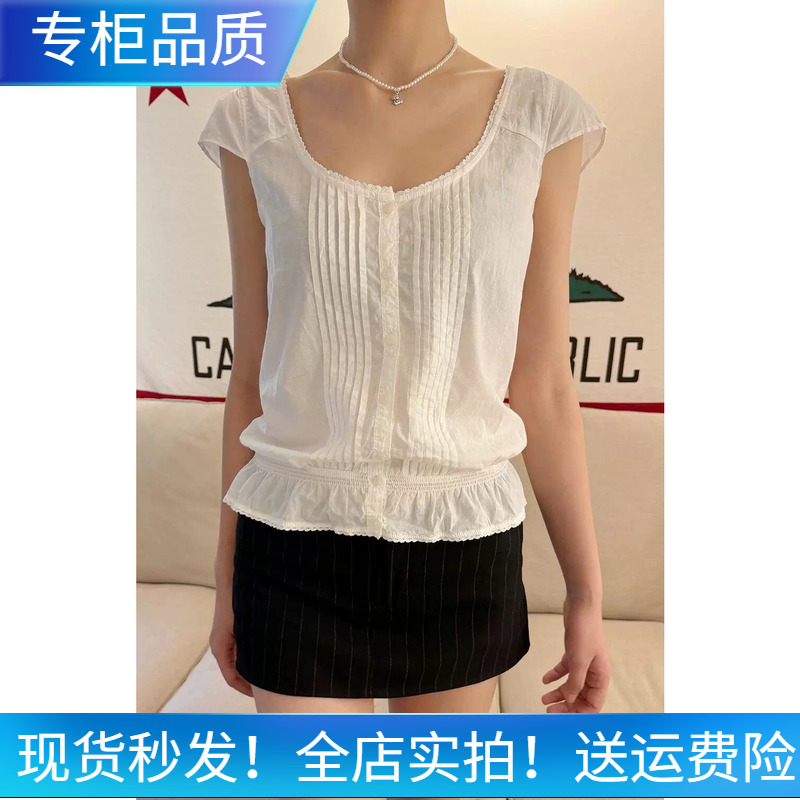 Brandymelody Bm White Shirt with Lace Collar, Single-Breasted, Sweet Style, Retro Lace Short-Sleeved Top for Women Brandymelody Bm White Shirt with Lace Collar, Single-Breasted, Sweet Style, Retro Lace Short-Sleeved Top for Women