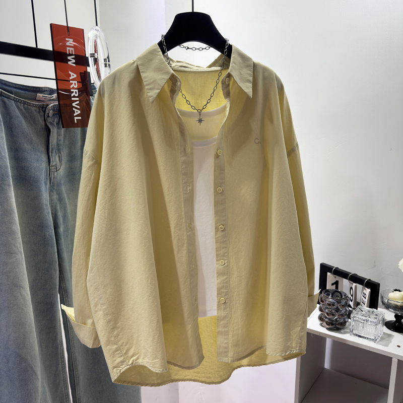 Yellow Long-Sleeved Shirt for Women, 2025 New Design with Embroidered Letters, Simple and Versatile, All-Cotton Stylish Top Yellow Long-Sleeved Shirt for Women, 2025 New Design with Embroidered Letters, Simple and Versatile, All-Cotton Stylish Top