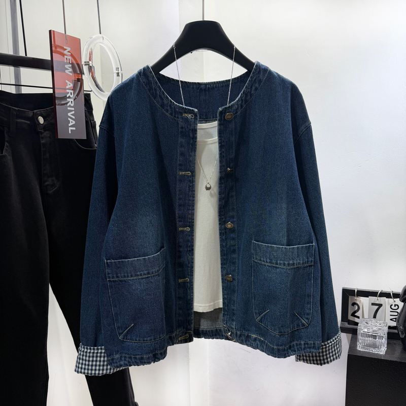 Retro Denim Short Jacket for Women, Loose Round Neck Plaid Patchwork Cardigan, Versatile Design Top for Spring 2026
