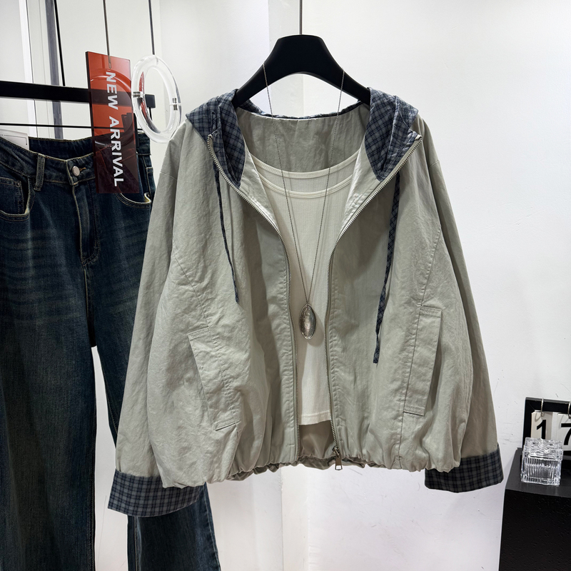 Korean Style Patchwork Plaid Hooded Short Jacket for Women 2026 Early Spring New Loose Casual Stylish Zipper Jacket Top