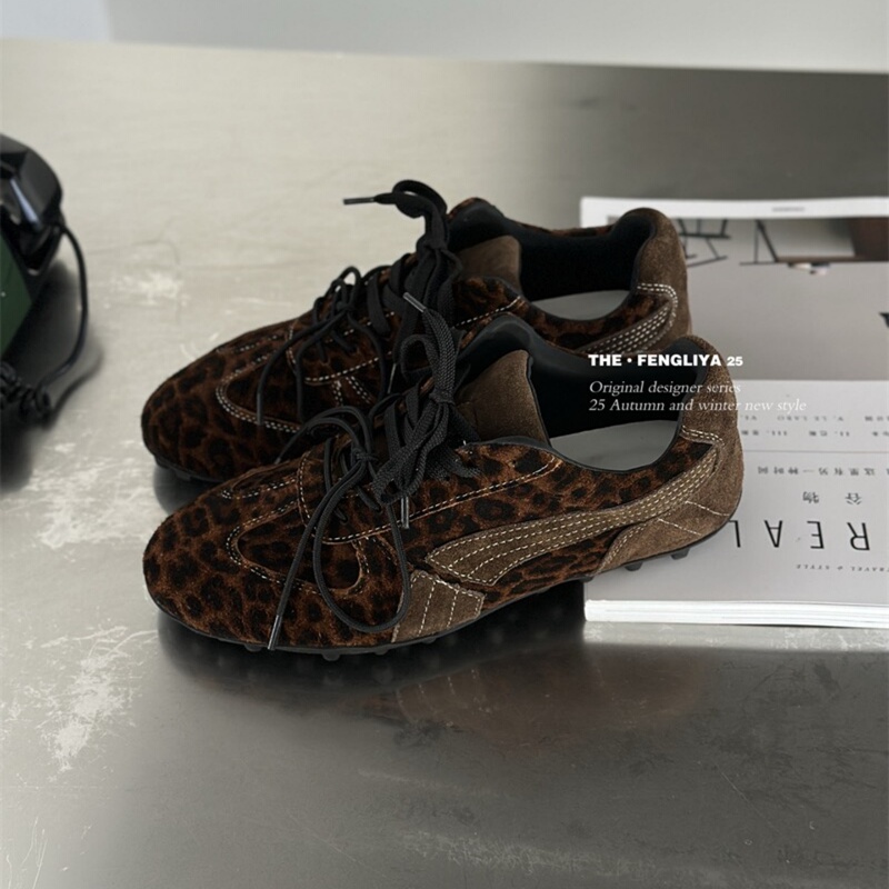 Genuine Leather Retro Leopard Print German Training Shoes for Women, 2025 New Autumn and Winter Thick-Soled Height-Increasing Casual Sports Versatile Sneakers