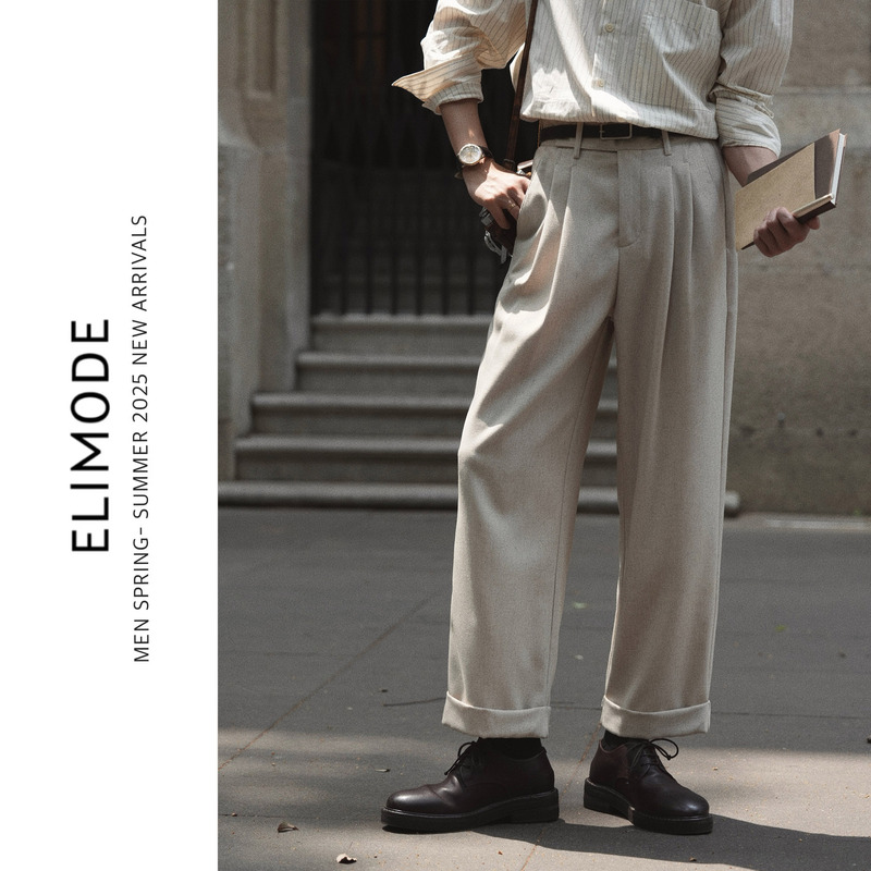 Eli【Bai Sha】Old Money Style French Rain Dew Linen Blend Summer Thin Breathable Casual Double Pleated Straight-Leg Trousers