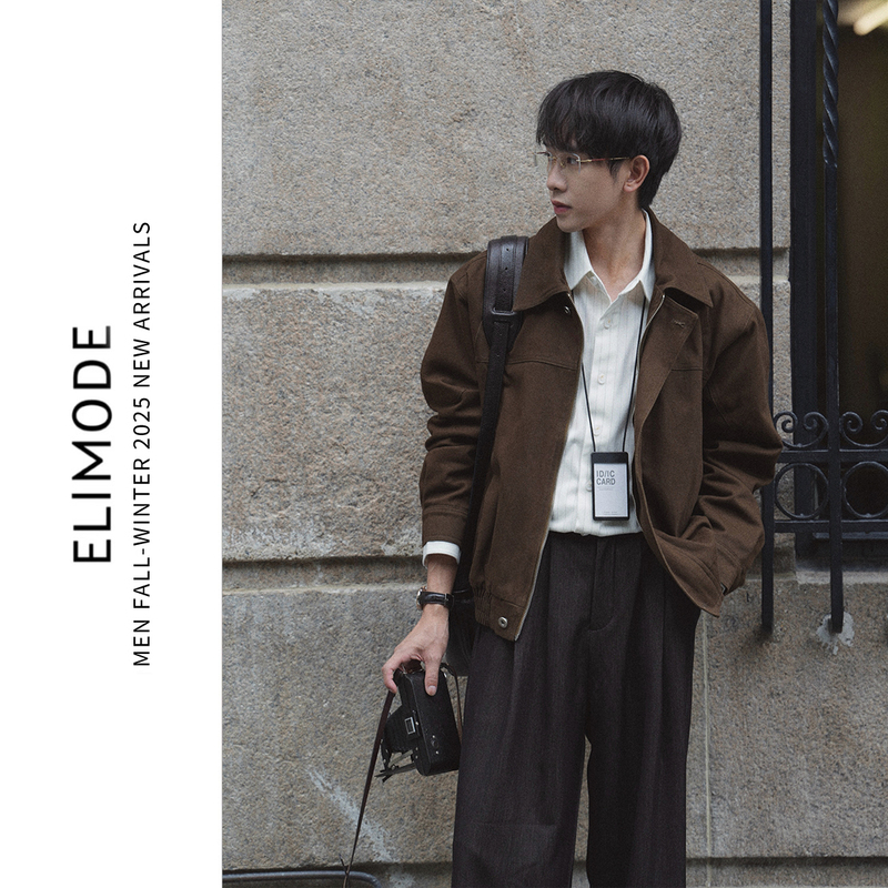 Eli 【Hazy Autumn】 Vintage Twill Loose Casual Short Men's Jacket Brown for Autumn and Winter Eli 【Hazy Autumn】 Vintage Twill Loose Casual Short Men's Jacket Brown for Autumn and Winter