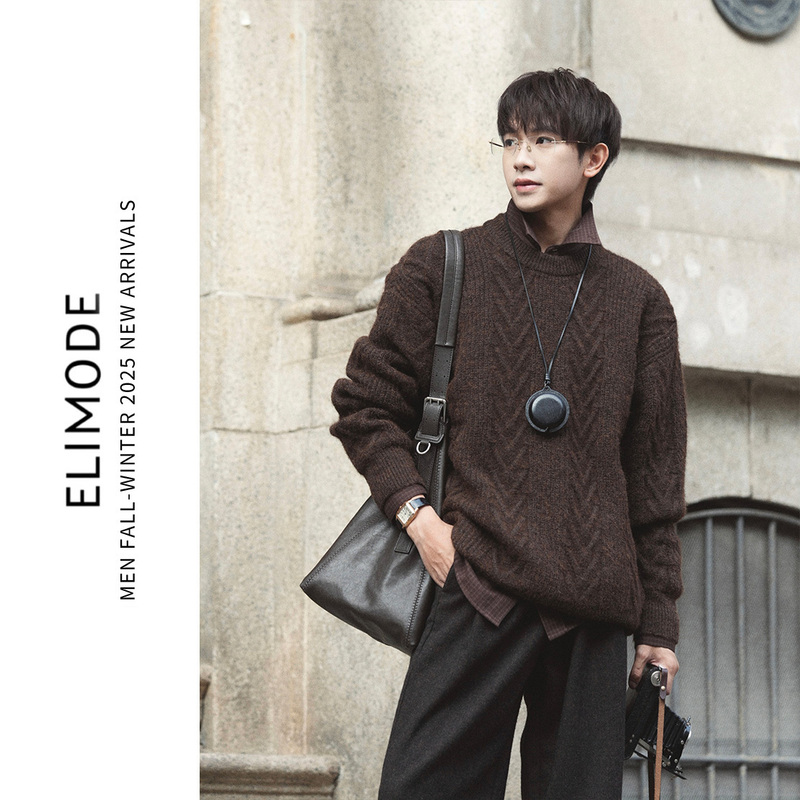 Eli【Salt Roasted Cocoa】Sheep Wool Thick Cable Knit Crew Neck Sweater Heavy-Duty Inner Layer Wool Sweater for Autumn and Winter