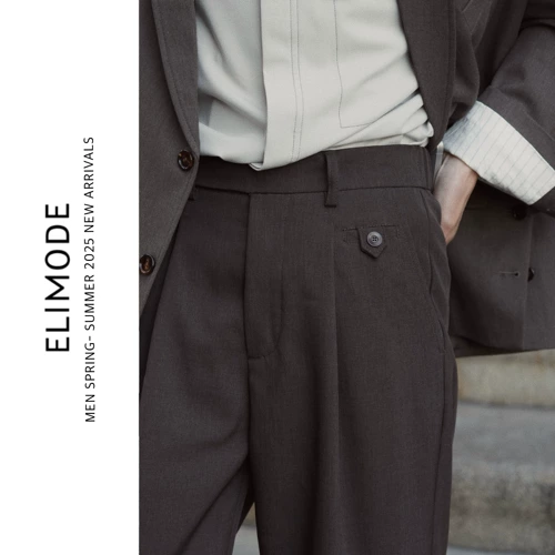 ELI【Yirgacheffe】Весенние и летние повседневные прямые брюки с эластичной резинкой на талии и одной складкой в ​​стиле ретро для поездок на работу и без драпировки