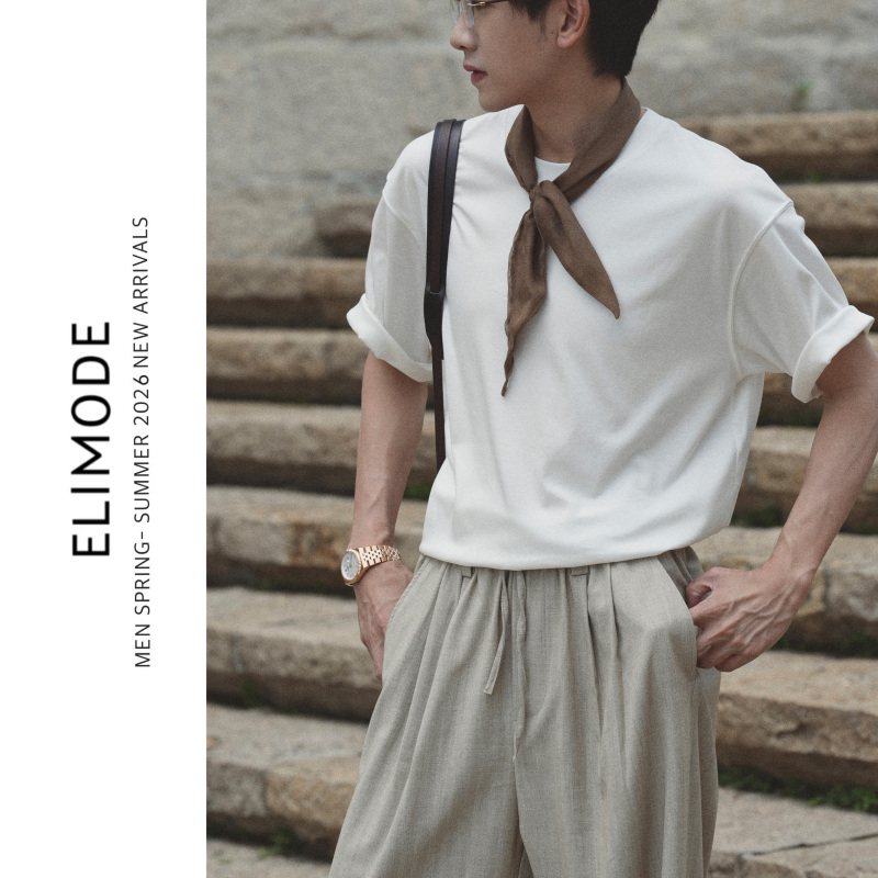Eli【Baizhou】American-Made 100% Pima Cotton Classic Ribbed Crew Neck Liquid Ammonia Non-Iron Basic Short-Sleeve T-Shirt