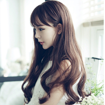 Korean wig Female long curly hair Big wave air bangs Long hair net red round face Real hair fluffy realistic full headgear