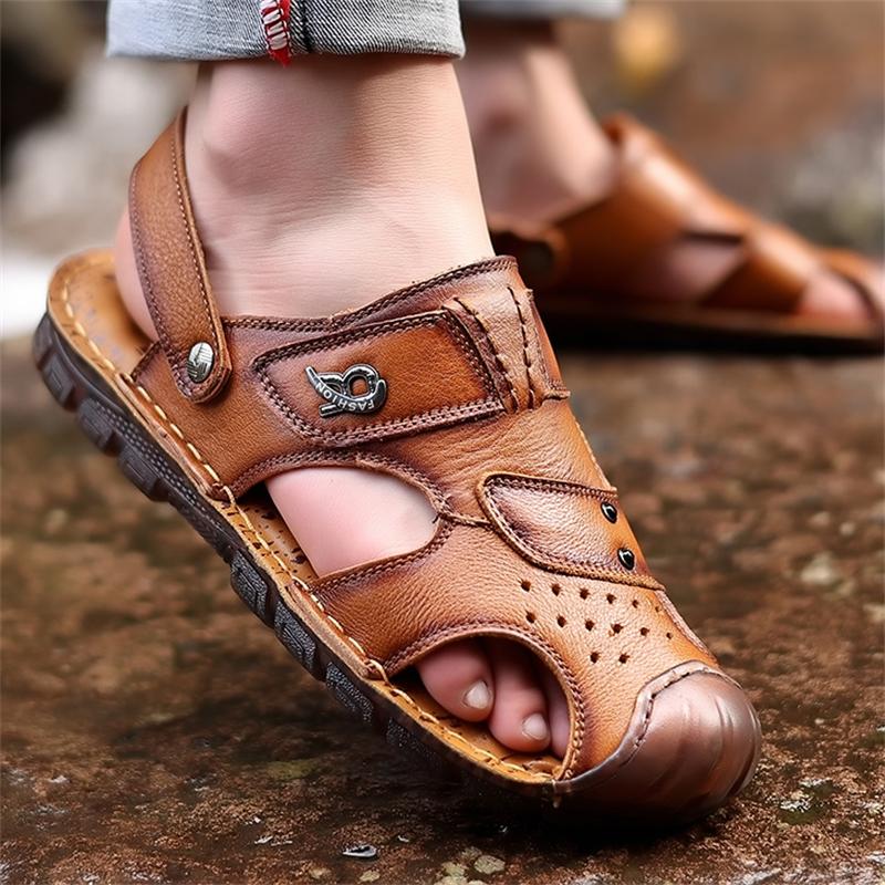 Top layer cowhide beef tendon bottom sandals men's leather soft bottom Baotou beach shoes non-slip hollow outside wear driving slippers tide