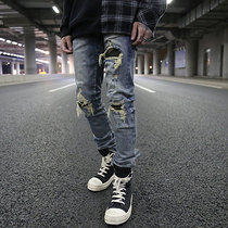 INS high street tide card washing water hole patch splicing camouflage winter men thick slim feet stretch jeans