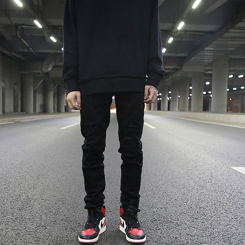 KANYE HIGH STREET wind hole patch BLACK WILD slim-fit small-legged jeans show leg LENGTH loss tie destruction trousers