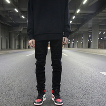 KANYE High Street wind hole patch black Joker slim slim slim leg jeans show leg long mourning broken trousers