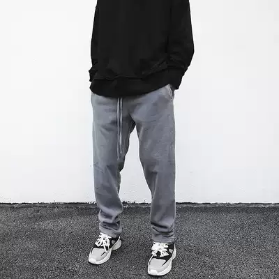 High street style solid color fleece straight cotton pants national tide street all-match hems elastic winter warm casual pants men