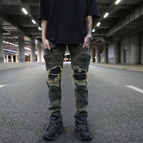 Kanye High Street coconut wind heavy wash water do old camouflage PU patch splicing military wind slim tooling pants tide