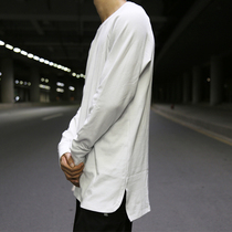 High Street OVER SIZE loose solid color split long sleeve T-shirt KANYE wind plain front short back long base shirt