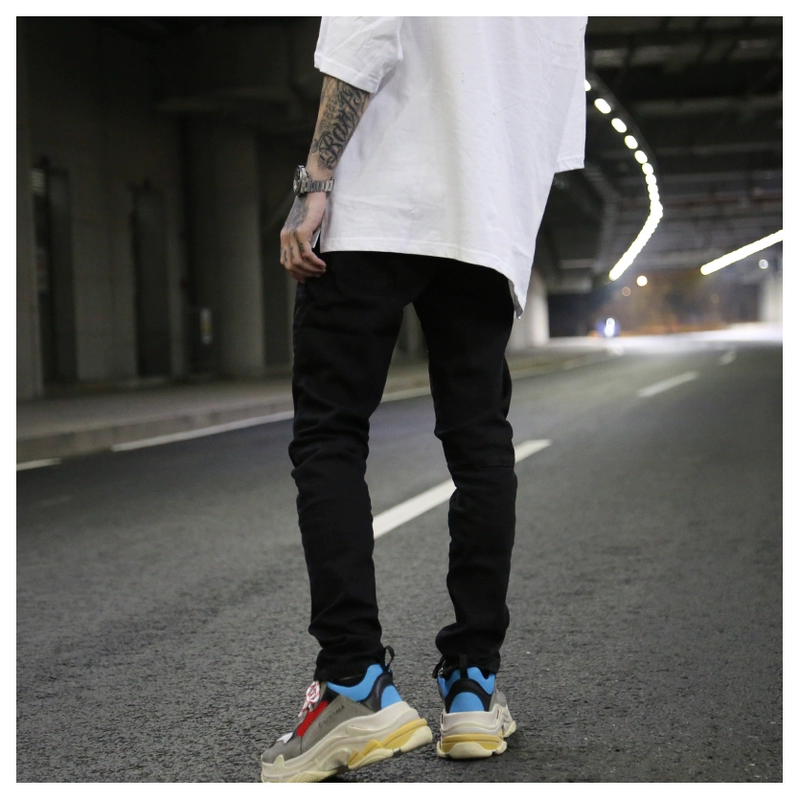 Châu âu và Hoa Kỳ phong cách đường phố cao cơ bản phía dây kéo chân jeans KANYE cùng có tay nghề căng quần jean màu đen quần baggy nam
