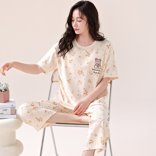Three-gun summer pajamas for women, pure cotton short-sleeved cropped pants, home clothes, summer cartoon casual cotton large size suit