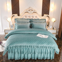 Autumn-winter crystal suede European-style thickened laminated cotton bed dress with four pieces of cover bed cover lace embroidered lace pillowcase