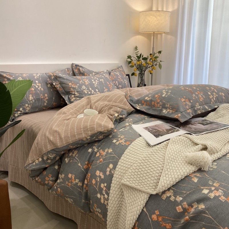 American light luxury autumn and winter thickened cotton sanding four-piece set of cotton plaid striped Nordic style simple warm bedding