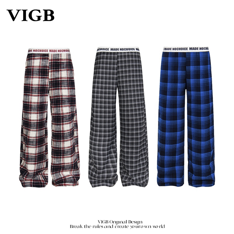 Vigb (Original Authentic American-Style Casual Plaid Pants) New Wide-Leg Pants with a Loose Drape and Straight-Cut Floor-Length Design